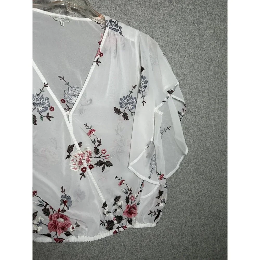 Lucky Brand XL Womens Top Sheer Embroidered Vneck White Floral Boho Cottage - Picture 14 of 16